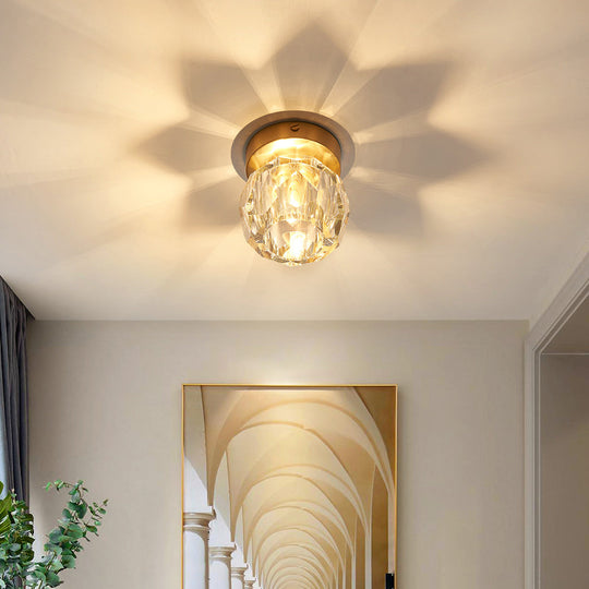 Simple And Elegant Mini Faceted Crystal Flush Light In Gold - Ideal For Corridors Small Spaces