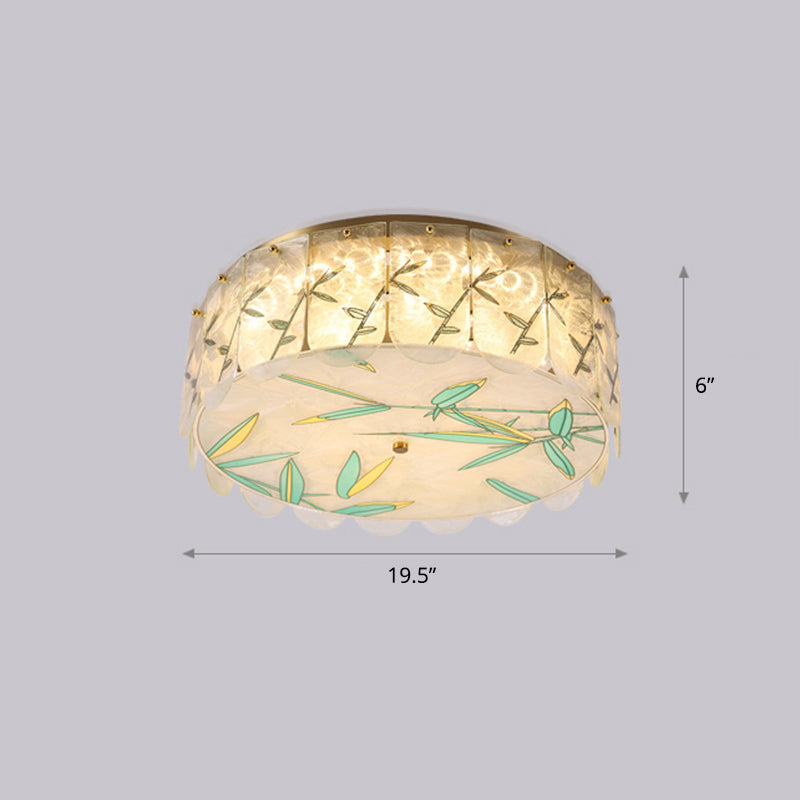 Gold Led Crystal Flush Ceiling Light: Hand - Painted Drum Design Modern Bedroom Fixture / Leaf