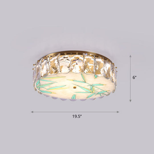 Gold Led Crystal Flush Ceiling Light: Hand-Painted Drum Design Modern Bedroom Fixture / Bamboo