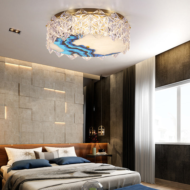 Gold Led Crystal Flush Ceiling Light: Hand-Painted Drum Design Modern Bedroom Fixture
