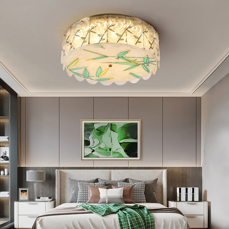 Gold Led Crystal Flush Ceiling Light: Hand-Painted Drum Design Modern Bedroom Fixture