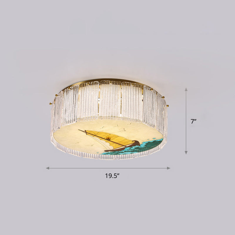 Gold Led Crystal Flush Ceiling Light: Hand - Painted Drum Design Modern Bedroom Fixture / Boat