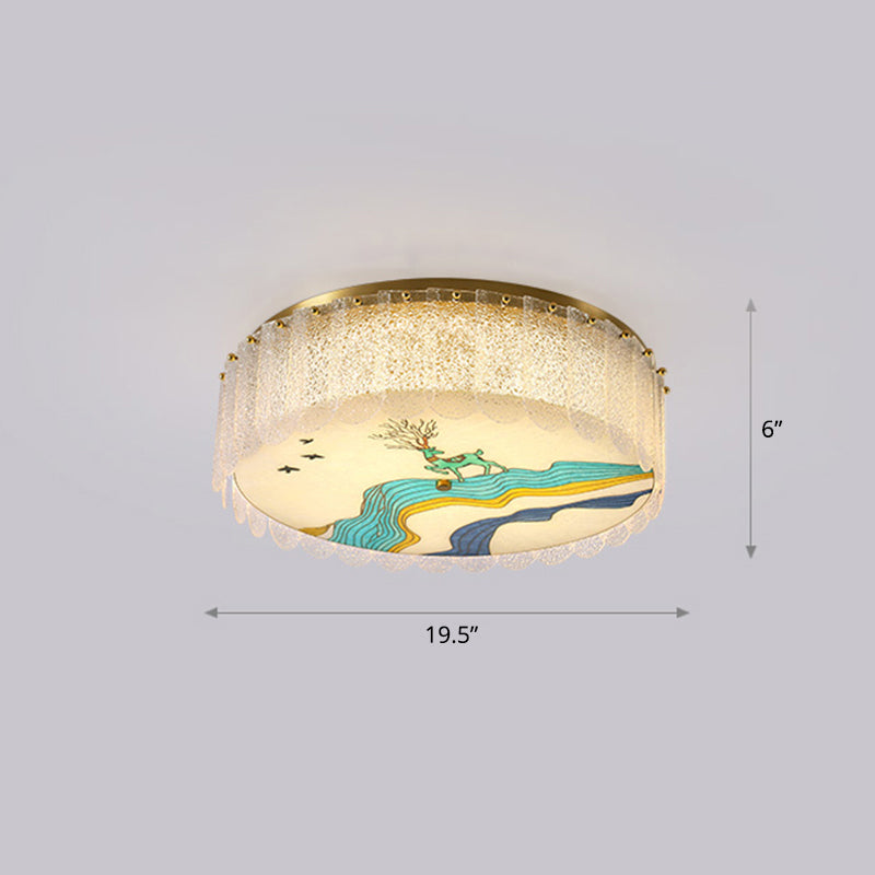 Gold Led Crystal Flush Ceiling Light: Hand-Painted Drum Design Modern Bedroom Fixture / Deer