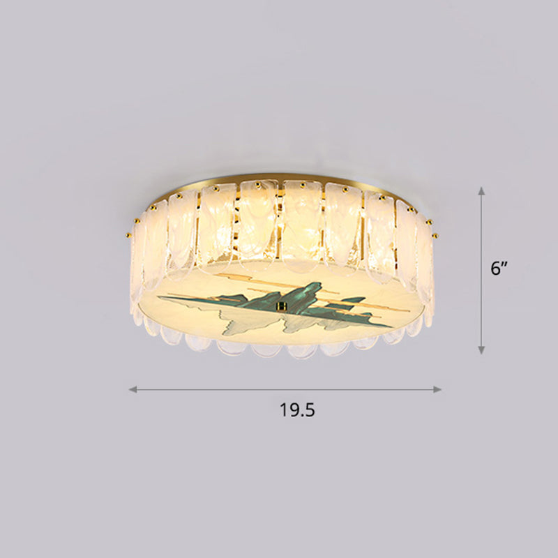 Gold Led Crystal Flush Ceiling Light: Hand-Painted Drum Design Modern Bedroom Fixture / Mountain