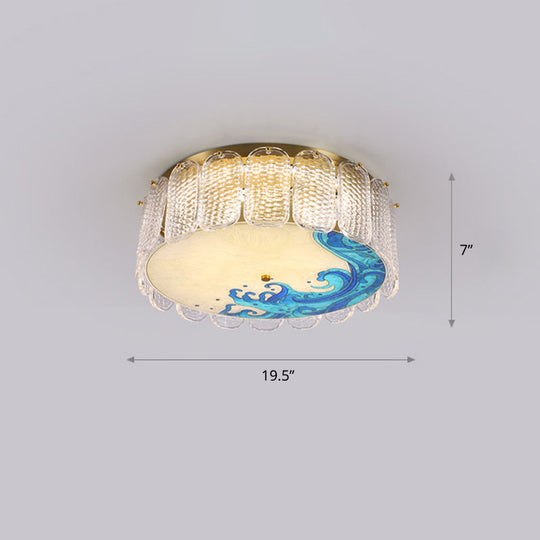 Gold Led Crystal Flush Ceiling Light: Hand-Painted Drum Design Modern Bedroom Fixture / Wavy