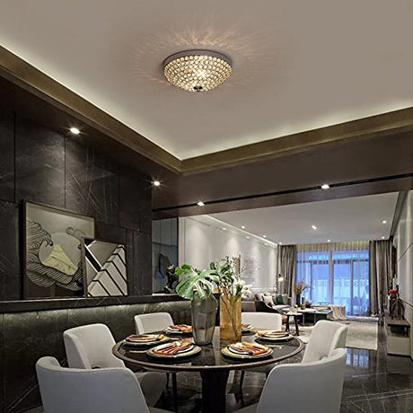 Crystal Bowl Flush Mount Ceiling Light Fixture For Elegant Dining Room - Chrome Finish