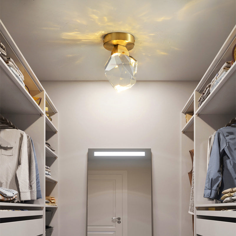 Gemstone Crystal Mini Ceiling Light In Brass Finish - Led Semi Flush Mount Fixture