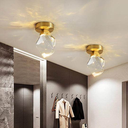 Gemstone Crystal Mini Ceiling Light In Brass Finish - Led Semi Flush Mount Fixture