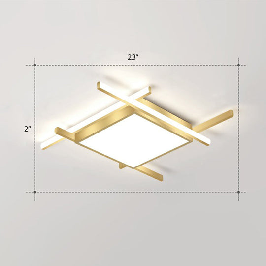Gold Metal Bedroom Ceiling Light - Minimalist Square Flush Mount Fixture / 23’ White