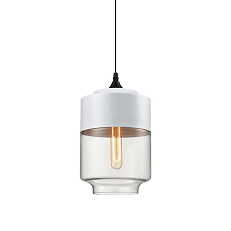 Modern 1-Light Glass Suspension Pendant In White/Black - 5/7/8 Wide Drum/Cylinder/Jar Clear/Yellow