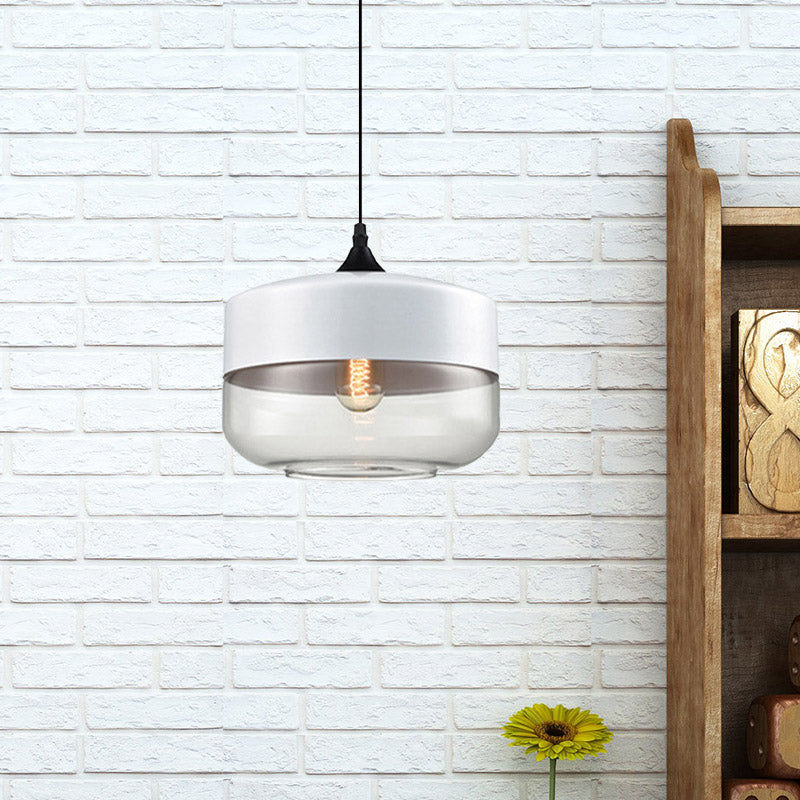 Modern 1-Light Glass Suspension Pendant In White/Black - 5/7/8 Wide Drum/Cylinder/Jar Clear/Yellow