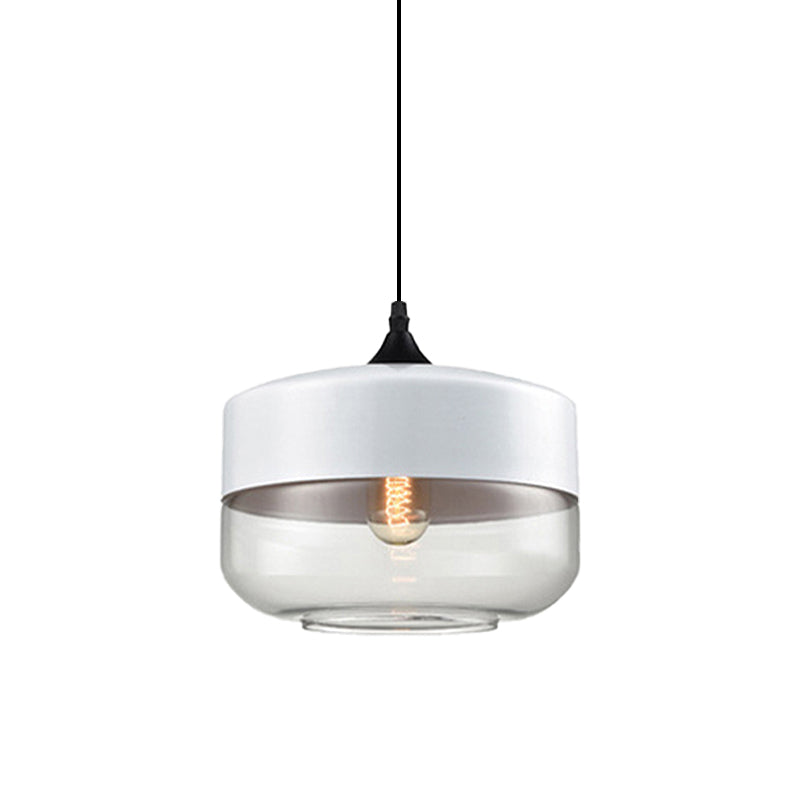 Modern 1-Light Glass Suspension Pendant In White/Black - 5/7/8 Wide Drum/Cylinder/Jar Clear/Yellow