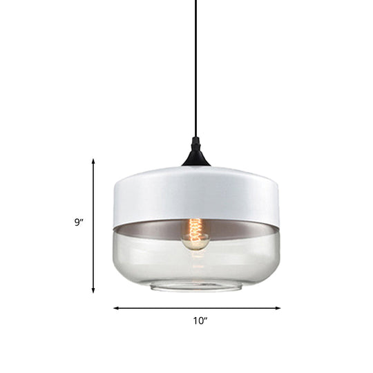 Modern 1-Light Glass Suspension Pendant In White/Black - 5/7/8 Wide Drum/Cylinder/Jar Clear/Yellow