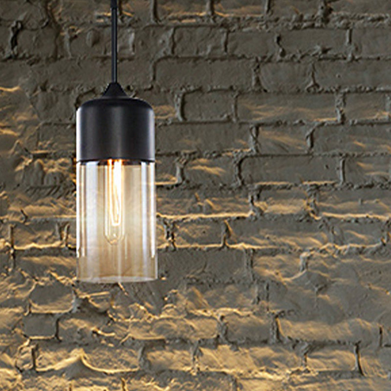 Modern 1-Light Drum/Cylinder/Jar Suspension Pendant – Clear/Yellow Glass White/Black Fixture