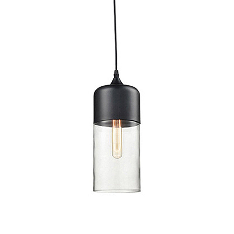 Modern 1-Light Glass Suspension Pendant In White/Black - 5/7/8 Wide Drum/Cylinder/Jar Clear/Yellow