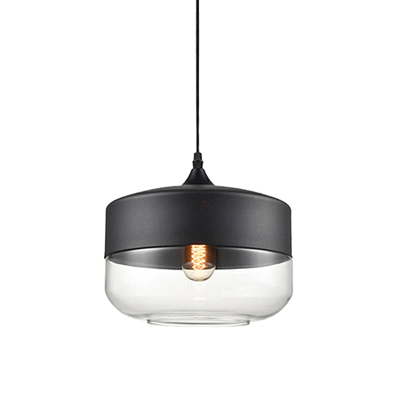 Modern 1-Light Drum/Cylinder/Jar Suspension Pendant – Clear/Yellow Glass White/Black Fixture