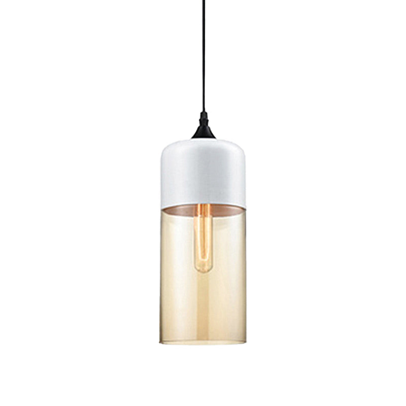 Modern 1-Light Glass Suspension Pendant In White/Black - 5/7/8 Wide Drum/Cylinder/Jar Clear/Yellow