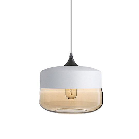 Modern 1-Light Drum/Cylinder/Jar Suspension Pendant – Clear/Yellow Glass White/Black Fixture