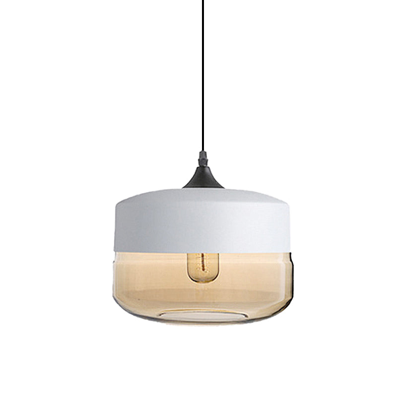 Modern 1-Light Glass Suspension Pendant In White/Black - 5/7/8 Wide Drum/Cylinder/Jar Clear/Yellow