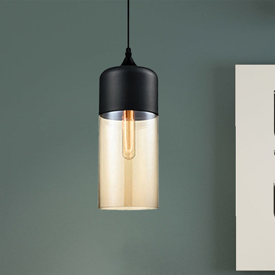 Modern 1-Light Glass Suspension Pendant In White/Black - 5/7/8 Wide Drum/Cylinder/Jar Clear/Yellow