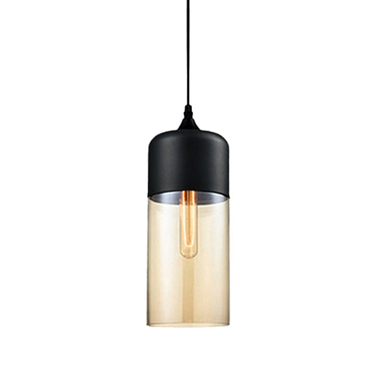 Modern 1-Light Drum/Cylinder/Jar Suspension Pendant – Clear/Yellow Glass White/Black Fixture