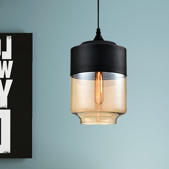 Modern 1-Light Drum/Cylinder/Jar Suspension Pendant – Clear/Yellow Glass White/Black Fixture