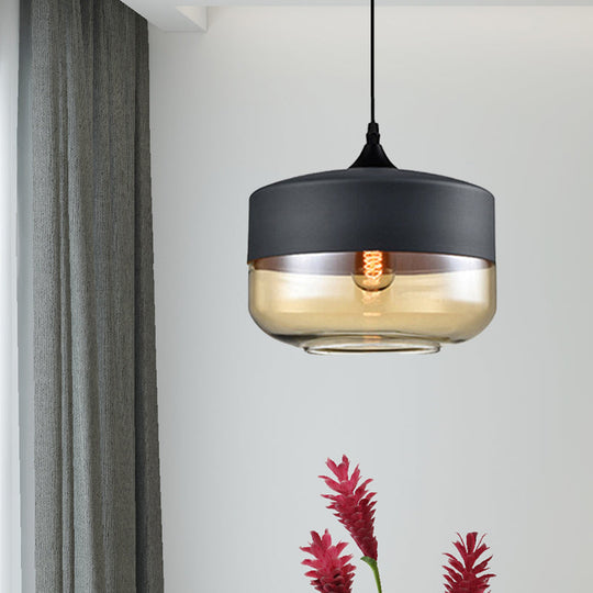 Modern 1-Light Glass Suspension Pendant In White/Black - 5/7/8 Wide Drum/Cylinder/Jar Clear/Yellow
