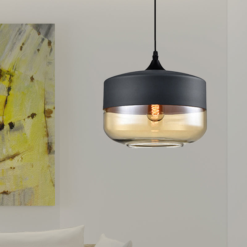 Modern 1-Light Drum/Cylinder/Jar Suspension Pendant – Clear/Yellow Glass White/Black Fixture