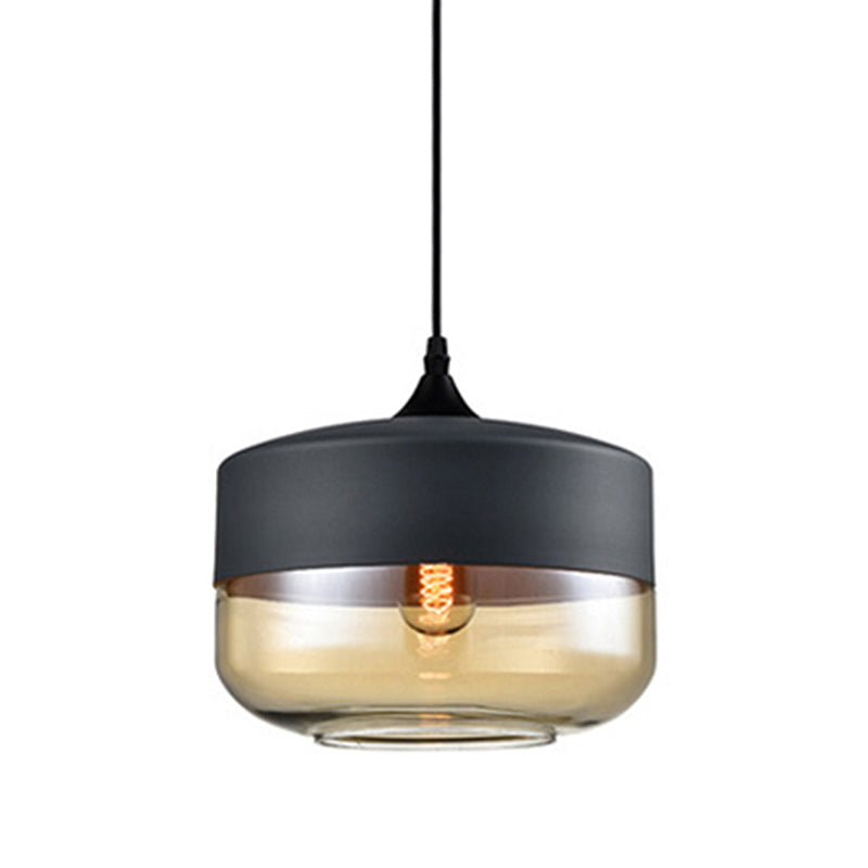 Modern 1-Light Glass Suspension Pendant In White/Black - 5/7/8 Wide Drum/Cylinder/Jar Clear/Yellow