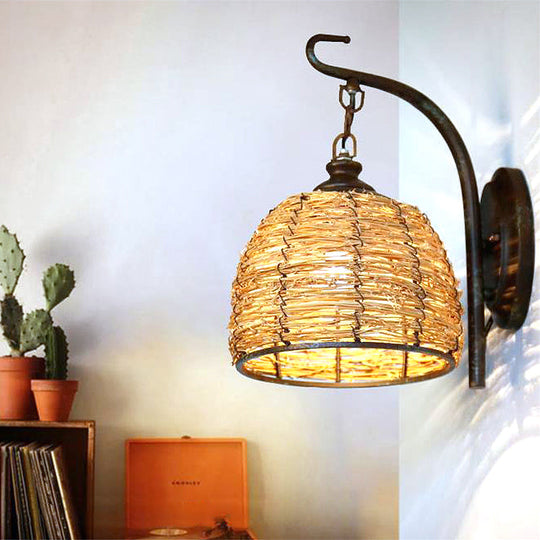 Handmade Asian Style Rattan Sconce With Dome Shade - 1 Light Bedroom Wall Lamp In Brown