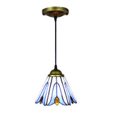 Tiffany-Style Handcrafted Art Glass Pendant Ceiling Lamp - Wide Flare 1-Bulb Blue Flower Pattern
