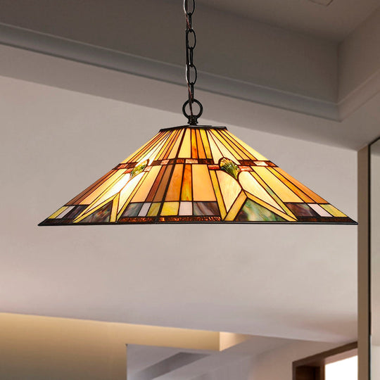 Tiffany Rhombus/Shell Ceiling Lamp - Brown Stained Art Glass Pendant Light For Dining Room