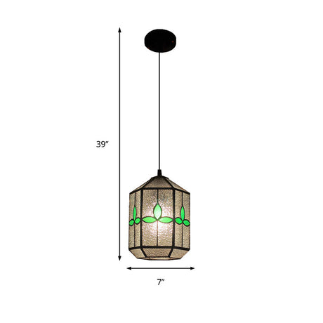 Tiffany Style Red/Green Stained Glass Hanging Light - 1-Light Stainless Cylinder Pendant With