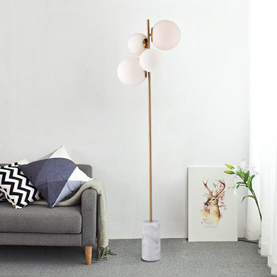 Postmodern 4-Head Floor Light With Brass Globe Stand Up Lamp And White Glass Shade - Ideal For