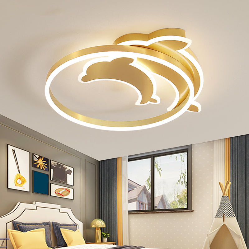 Gold Dolphin & Loop Led Ceiling Light For Kids With Acrylic Shade