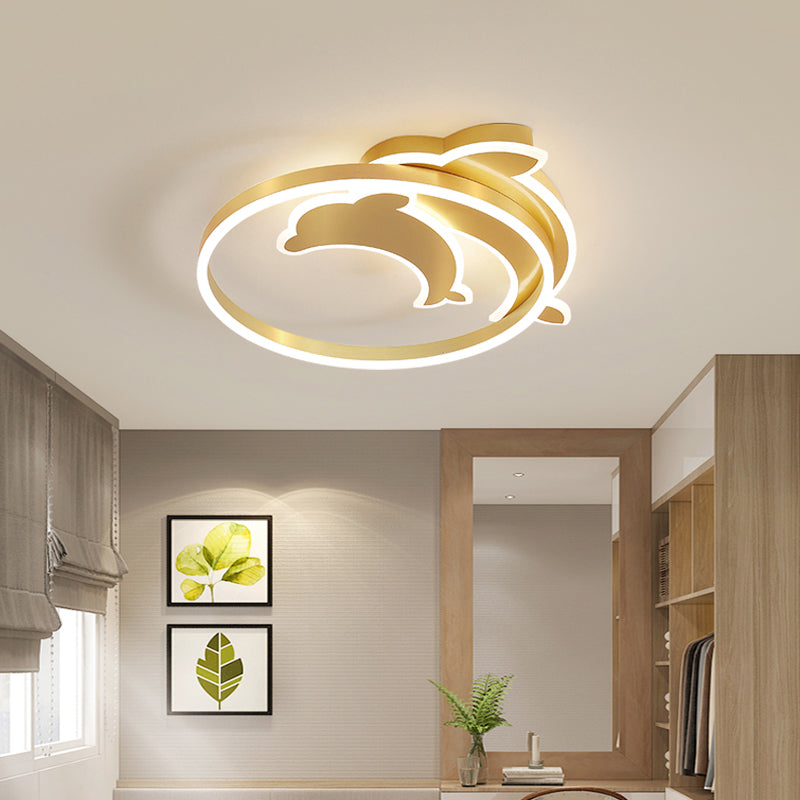 Gold Dolphin & Loop Led Ceiling Light For Kids With Acrylic Shade
