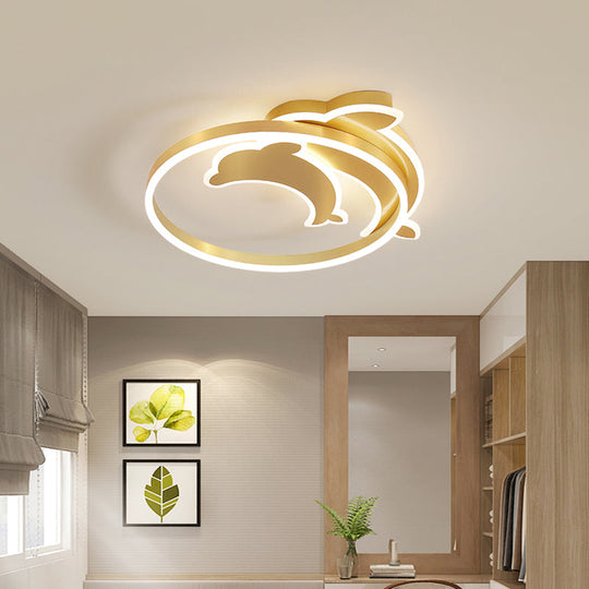 Gold Dolphin & Loop Led Ceiling Light For Kids With Acrylic Shade
