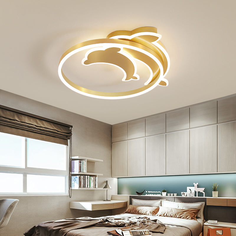 Gold Dolphin & Loop Led Ceiling Light For Kids With Acrylic Shade