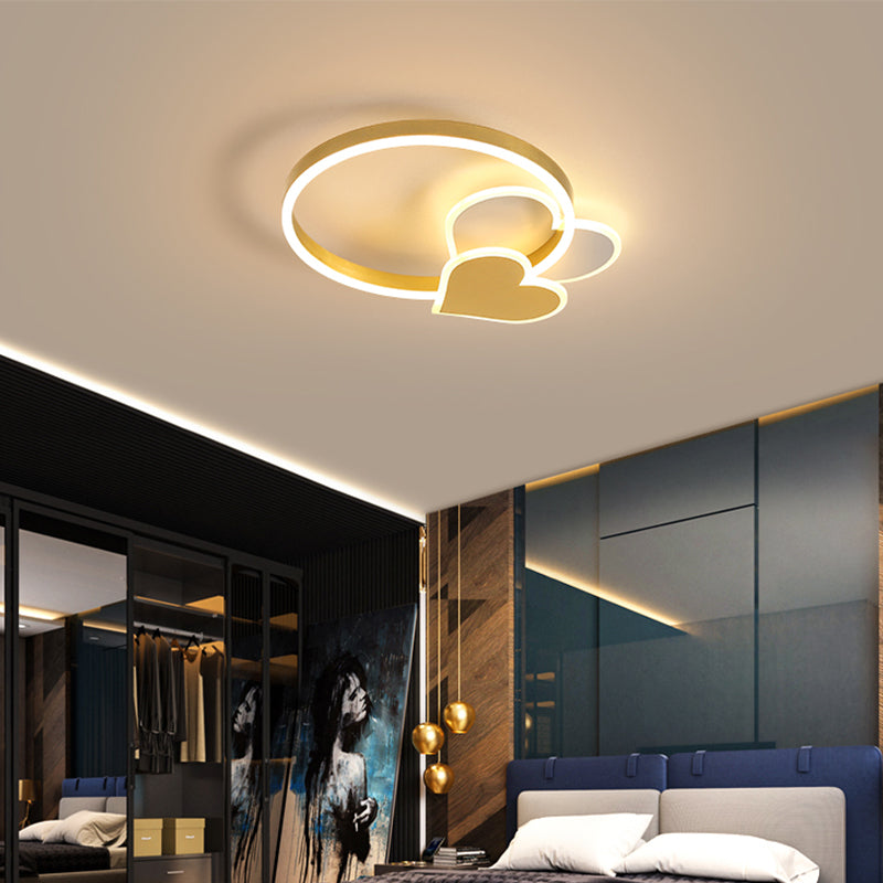Golden Love Led Flush Mount Ceiling Light For Bedroom - Minimalist Acrylic Design With Metal Ring