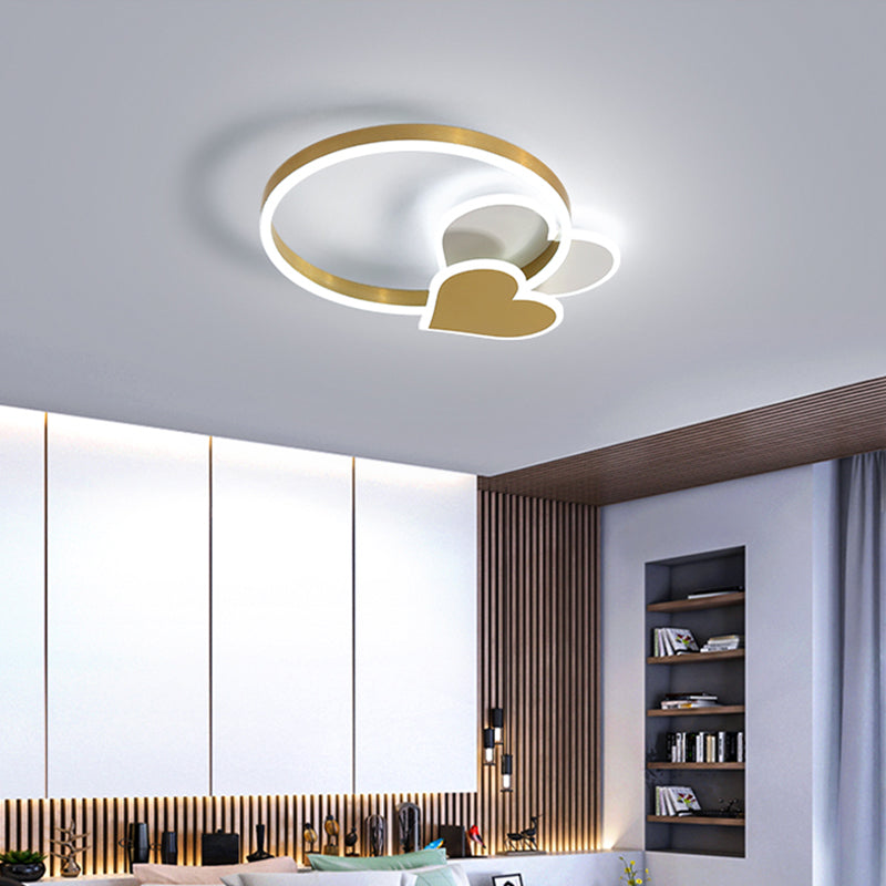 Golden Love Led Flush Mount Ceiling Light For Bedroom - Minimalist Acrylic Design With Metal Ring