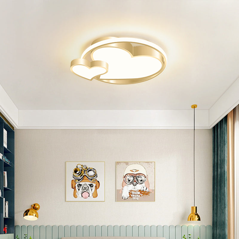 Golden Metal Flush Mount Ceiling Light With Double Heart Design For Modern Bedroom Lighting Gold /