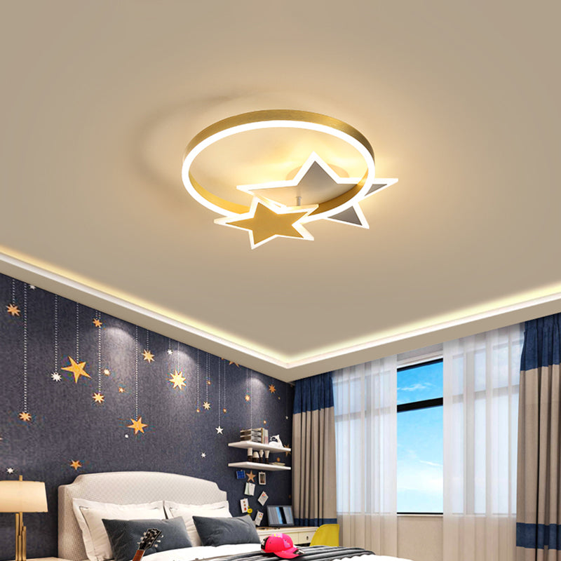 Gold Star And Circle Led Ceiling Flush Mount Light For Kids Room Childrens Metal Fixture / 16 Remote