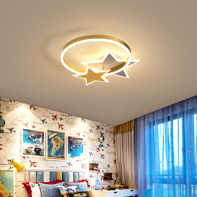 Gold Star And Circle Led Ceiling Flush Mount Light For Kids Room Childrens Metal Fixture / 16 Warm