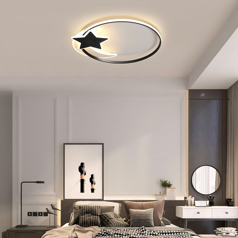 Black Ring Led Ceiling Flush Light With Moon And Star Decor - Simplicity Metal Mount Lamp / 16’