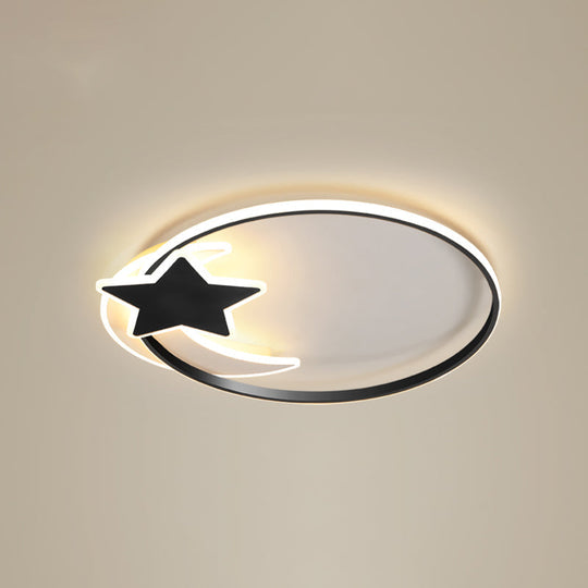 Black Ring Led Ceiling Flush Light With Moon And Star Decor - Simplicity Metal Mount Lamp