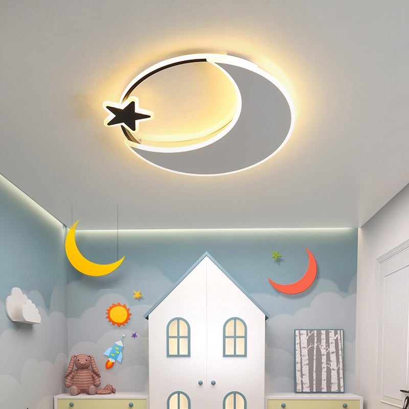 Kids’ Led Moon And Star Ceiling Light Fixture - Acrylic Black - White Flush Mount For Bedroom /