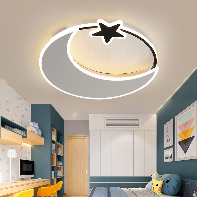 Kids’ Led Moon And Star Ceiling Light Fixture - Acrylic Black - White Flush Mount For Bedroom /