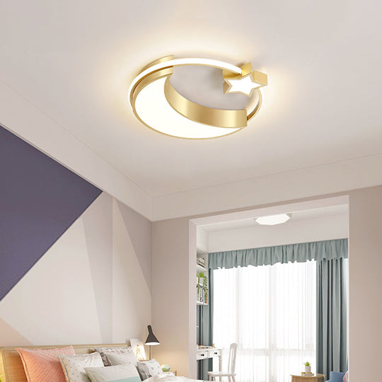 Golden Moon And Star Led Flush Mount: Nordic Acrylic Ceiling Light For Nursery