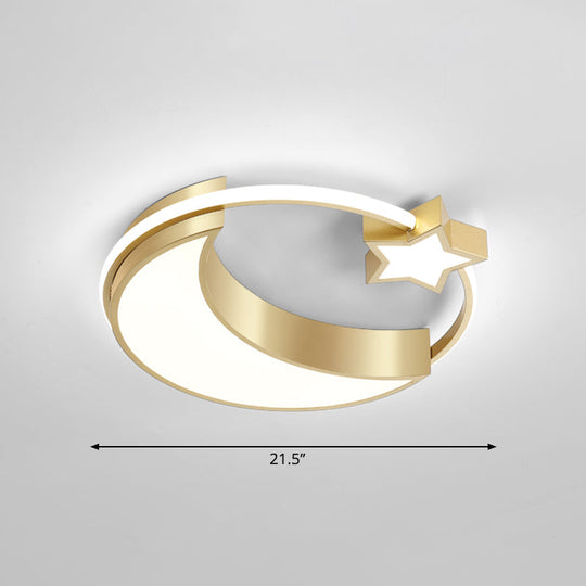 Golden Moon And Star Led Flush Mount: Nordic Acrylic Ceiling Light For Nursery Gold / 21.5’ White