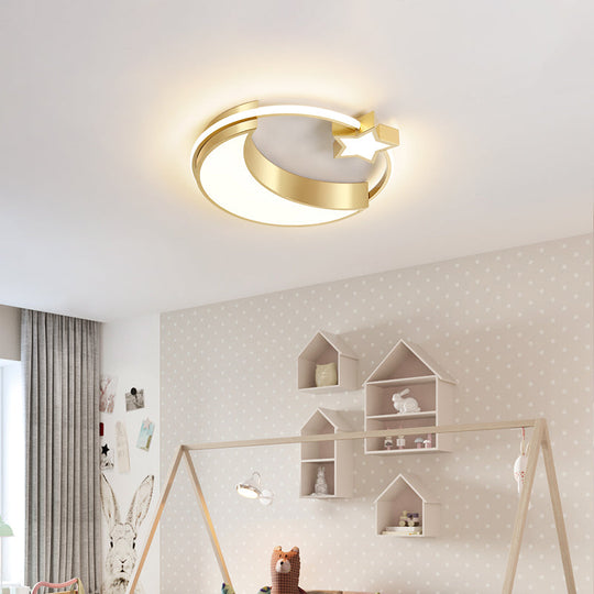Golden Moon And Star Led Flush Mount: Nordic Acrylic Ceiling Light For Nursery